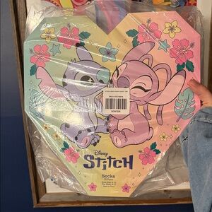 Disney Stitch and Angel Heart Box with Socks - Pink and Blue NWT